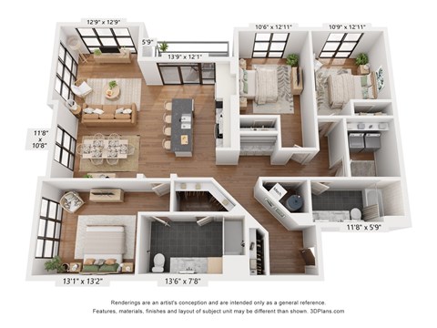 A 3D floor plan of a house with multiple rooms and dimensions.